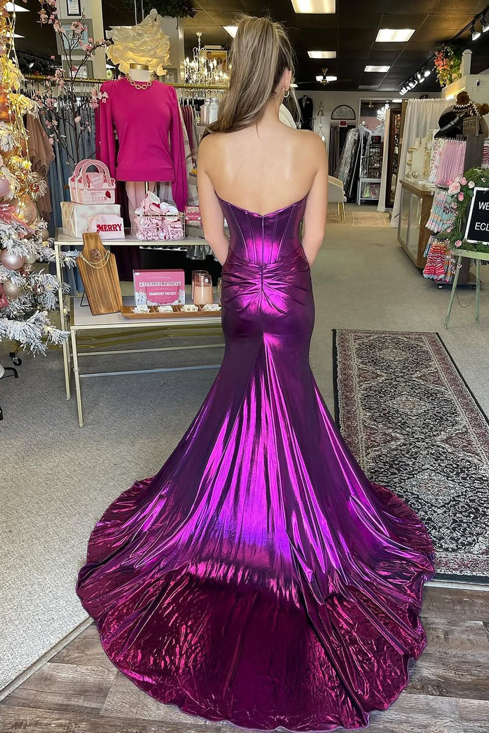 Sweetheart Mermaid Purple Metallic Satin Prom Dress with Slit