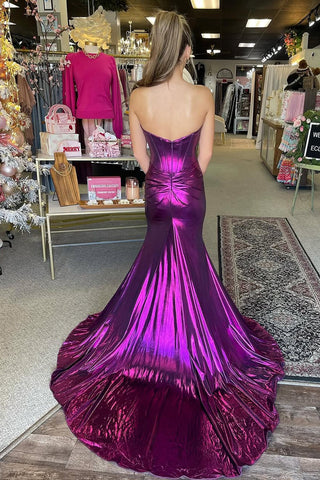 Sweetheart Mermaid Purple Metallic Satin Prom Dress with Slit