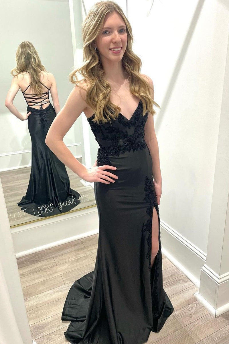 Black Mermaid V Neck Satin Long Prom Dresses with Slit