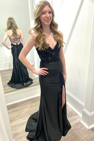 Black Mermaid V Neck Satin Long Prom Dresses with Slit