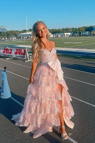 Cute V Neck Blush Pink Sequins Tiered A Line Long Prom Dresses with Bow