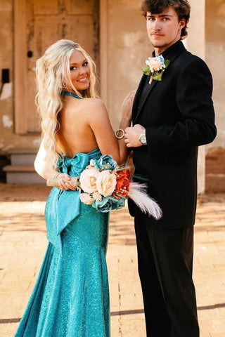 Mermaid Blue Halter Sequins Long Prom Dresses with Bow