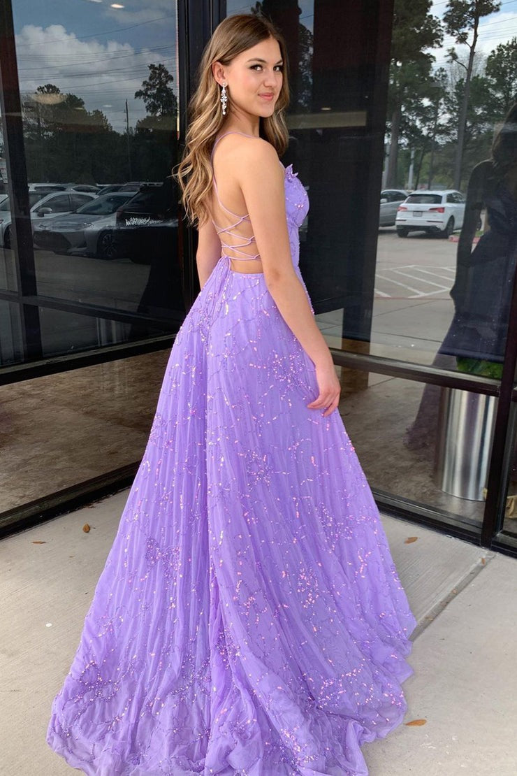 A-Line Lilac Tulle V Neck Long Prom Dress with Sequin