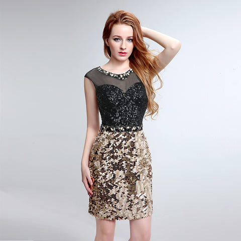 Glamorous Sleeveless Sequin Mini Dress with Black and Gold Detailing - Prom Dress, LX198