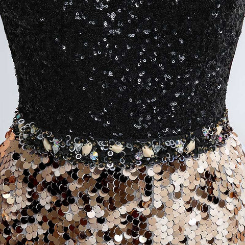 Glamorous Sleeveless Sequin Mini Dress with Black and Gold Detailing - Prom Dress, LX198