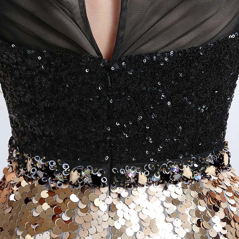 Glamorous Sleeveless Sequin Mini Dress with Black and Gold Detailing - Prom Dress, LX198