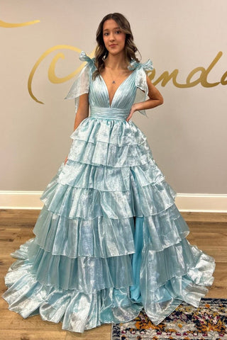 Charming V Neck Ruffle Tiered A Line Prom Dress with Bow