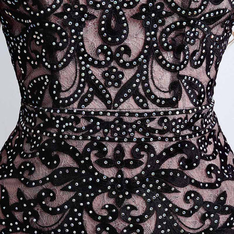 Elegant Sleeveless Black Lace Bodycon Dress with Embellishments - Prom Dress, LX199