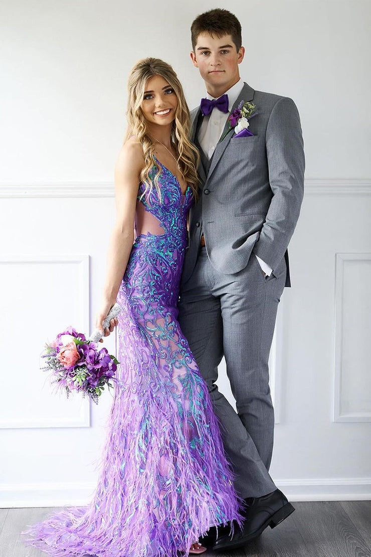 Mermaid Purple Sequins V Neck Long Prom Dress wirh Feather