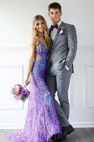 Mermaid Purple Sequins V Neck Long Prom Dress wirh Feather