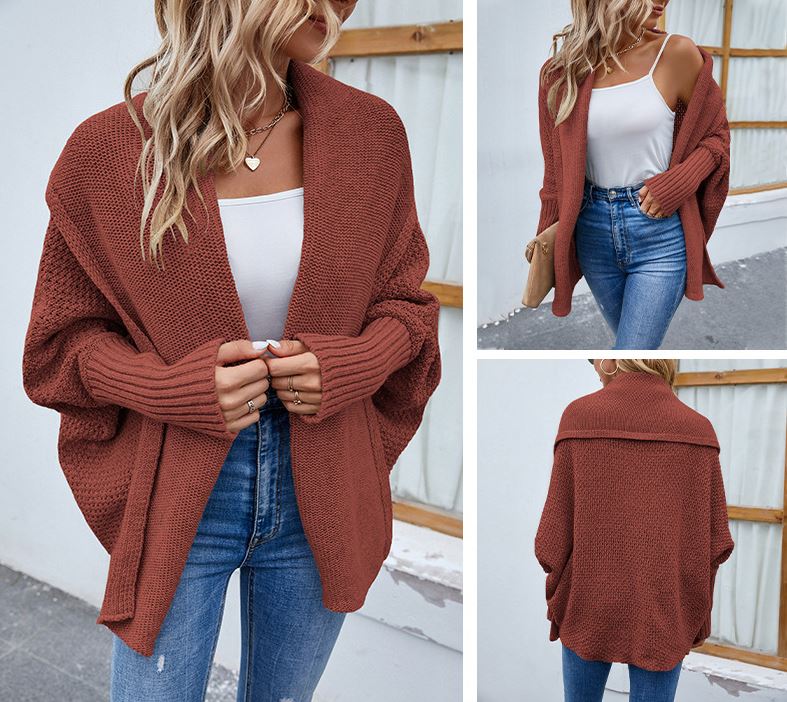 Autumn and Winter New Women's Solid Color Bat Sleeve Cardigan Coat