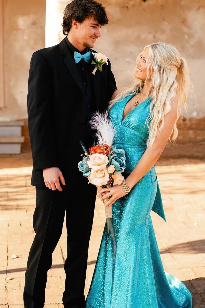 Mermaid Blue Halter Sequins Long Prom Dresses with Bow