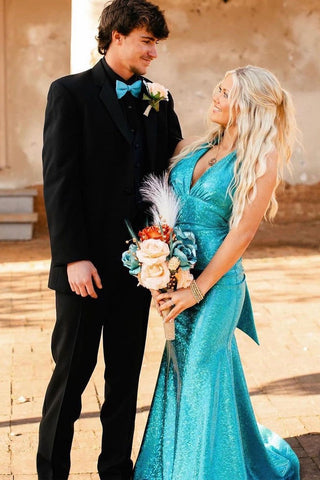 Mermaid Blue Halter Sequins Long Prom Dresses with Bow