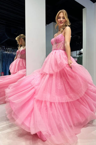Cute Pink A Line Sweetheart Tiered Tulle Prom Dress