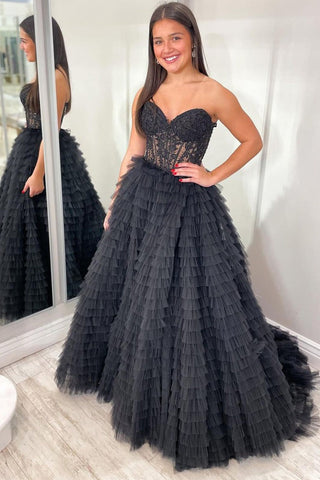 Black Strapless Ruffle Tiered Tulle Long Prom Dress with Appliques
