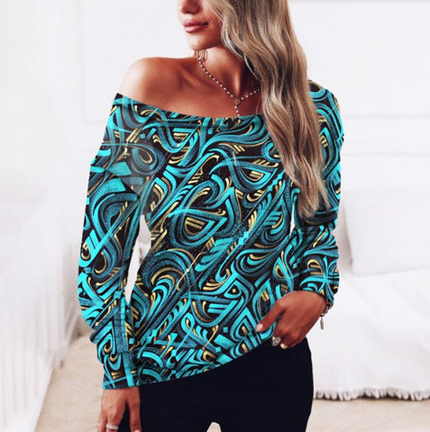 Long sleeved 3D digital printed women's shoulder sweatshirt