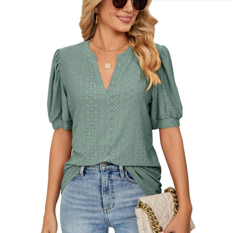 Summer casual V-neck solid color hollow bubble sleeve loose T-shirt