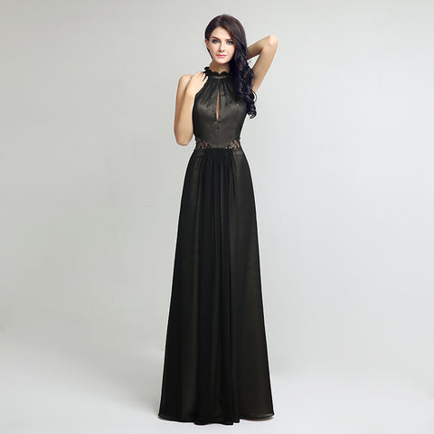 Elegant Black Halter - Neck Long Gown with Lace Detailing and Sheer Elements Prom Dress，LX216