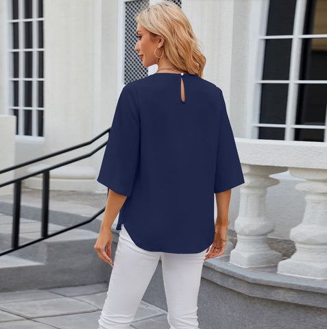 New solid color round neck five quarter sleeve short sleeved loose chiffon top