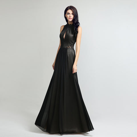 Elegant Black Halter - Neck Long Gown with Lace Detailing and Sheer Elements Prom Dress，LX216