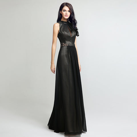 Elegant Black Halter - Neck Long Gown with Lace Detailing and Sheer Elements Prom Dress，LX216