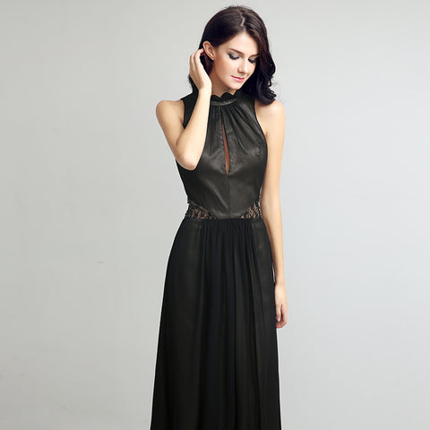 Elegant Black Halter - Neck Long Gown with Lace Detailing and Sheer Elements Prom Dress，LX216