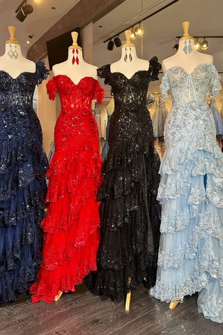 Long Lace Sheath Off the Shoulder (Lace-up Back)  Prom Dress