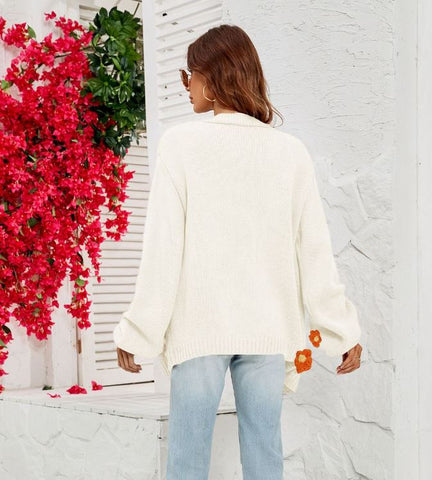 Large size flower cardigan lantern sleeve knitted sweater
