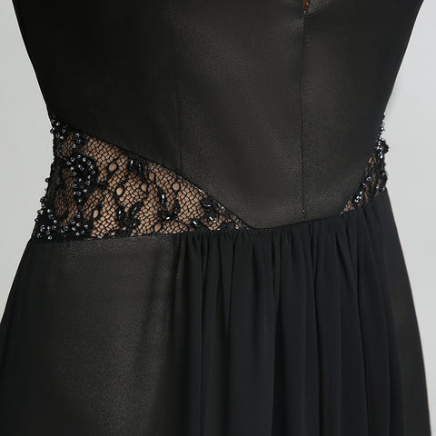 Elegant Black Halter - Neck Long Gown with Lace Detailing and Sheer Elements Prom Dress，LX216