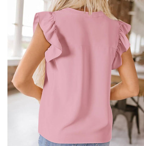 Fashionable chiffon V-neck petal lotus leaf short sleeved waistband top