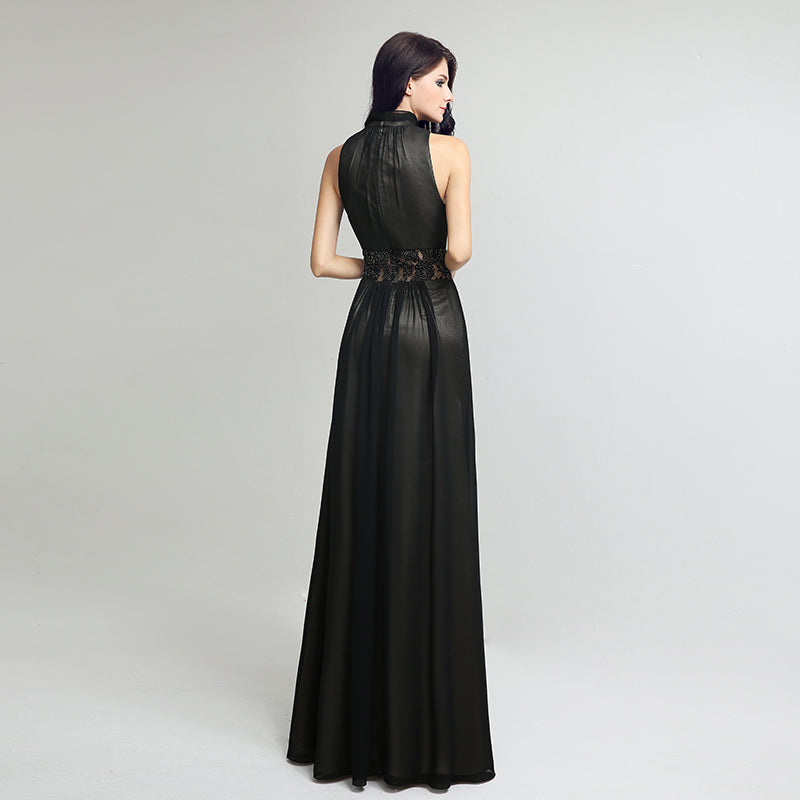Elegant Black Halter - Neck Long Gown with Lace Detailing and Sheer Elements Prom Dress，LX216