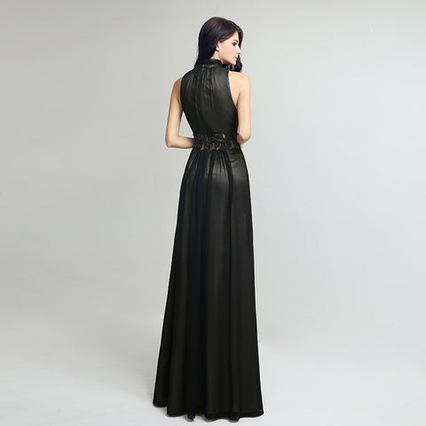 Elegant Black Halter - Neck Long Gown with Lace Detailing and Sheer Elements Prom Dress，LX216