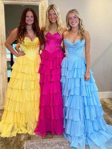 Sweet A Line Sweetheart Floral Printed Chiffon Tiered Prom Dresses