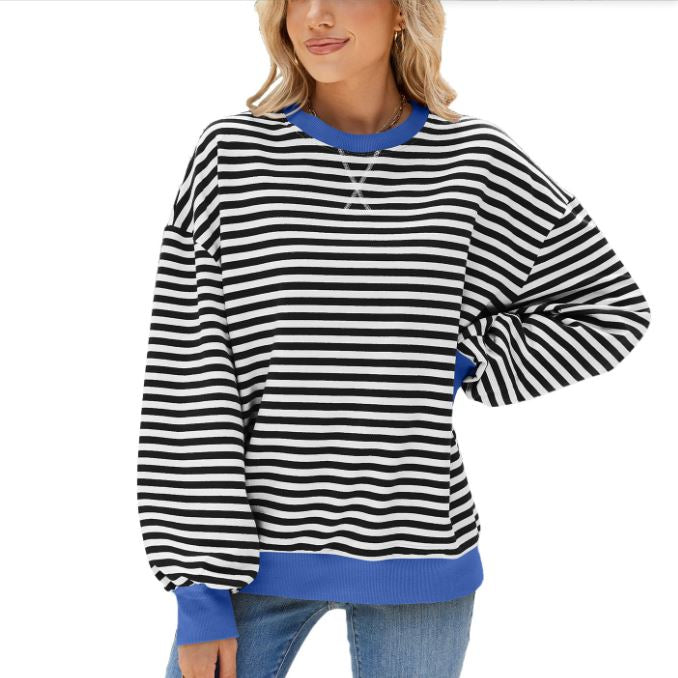 Autumn and winter striped round neck contrasting loose long sleeved sweatshirt jacket for women