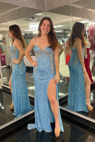 Mermaid Sweetheart Sequins Long Prom Dresses with Slit