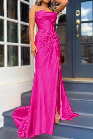Long  Strapless Satin Prom Dress With Slit