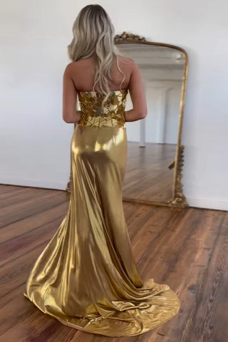Charming Strapless Gold Satin Long Mermaid Prom Dresses with Beading