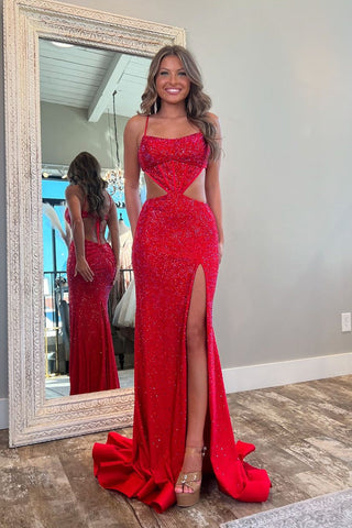 Sparkly Straps Mermaid Red Prom Dresses with Slit