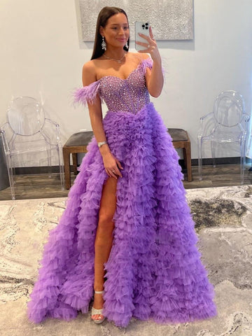 A Line Tiered Tulle Off the Shoulder Prom Dress With Slit