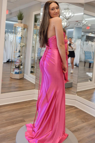 Sweetheart Pink Satin Mermaid Long Prom Dresses