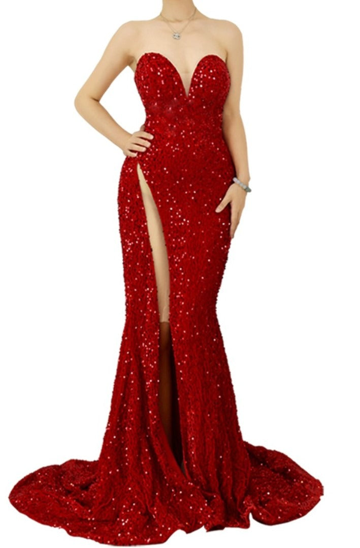 Sweetheart Sequins Prom Dress with High Slit Sleeveless