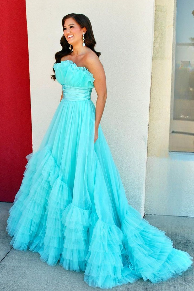 Cute Blue Strapless Ruffle Tiered Tulle Long Prom Dress