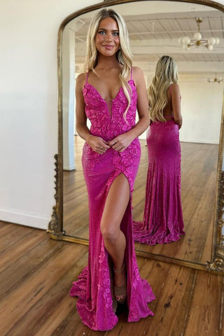 Sparkly V Neck Sequins Long Mermaid Prom Dress with Slit