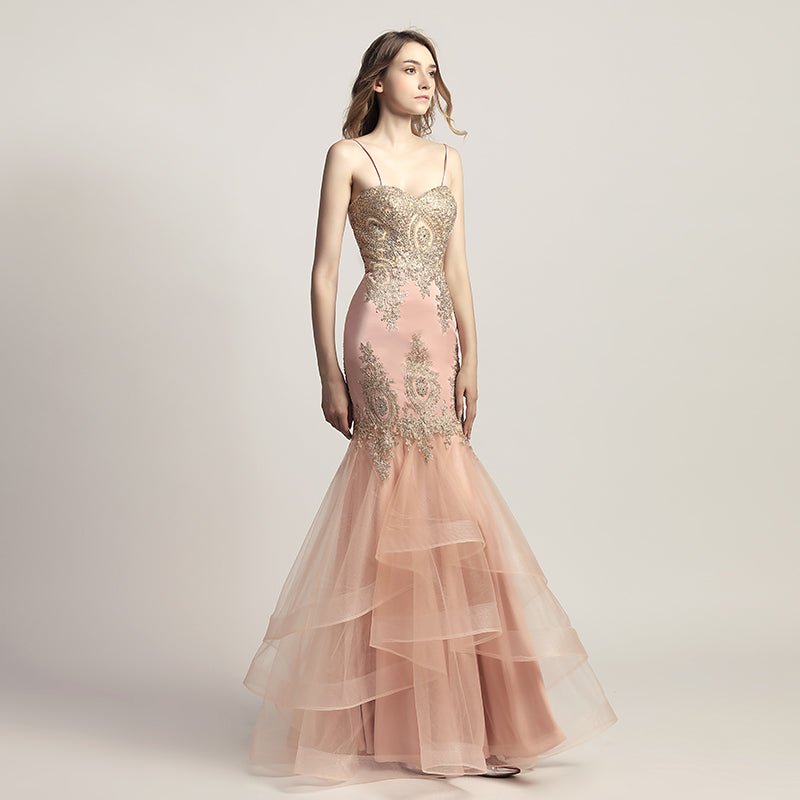 Exquisite Burgundy Strapless Mermaid Gown with Intricate Gold Embroidery and Ruffled Tulle Prom Dress,LX462