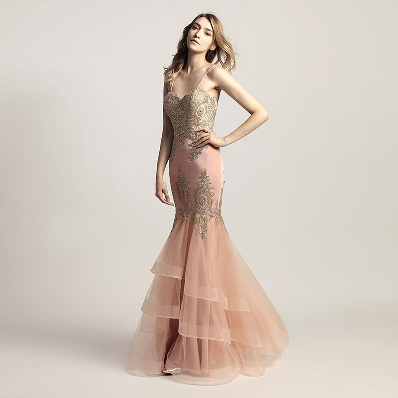 Exquisite Burgundy Strapless Mermaid Gown with Intricate Gold Embroidery and Ruffled Tulle Prom Dress,LX462