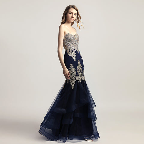 Exquisite Burgundy Strapless Mermaid Gown with Intricate Gold Embroidery and Ruffled Tulle Prom Dress,LX462