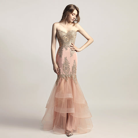Exquisite Burgundy Strapless Mermaid Gown with Intricate Gold Embroidery and Ruffled Tulle Prom Dress,LX462