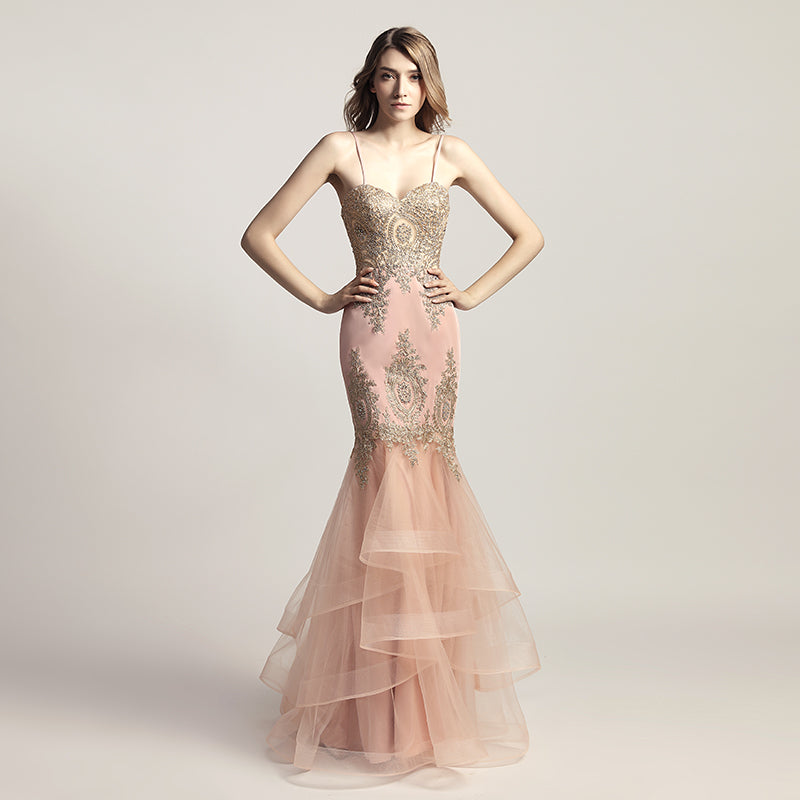 Exquisite Burgundy Strapless Mermaid Gown with Intricate Gold Embroidery and Ruffled Tulle Prom Dress,LX462
