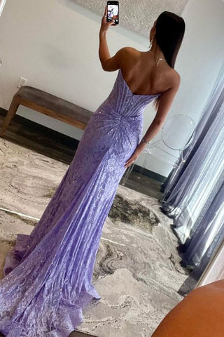 Lilac Strapless Sweep Train Lace Mermaid Prom Dress With Slit