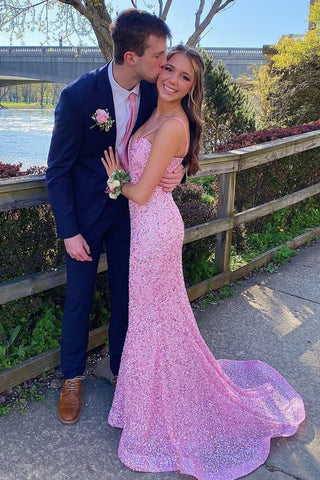 Mermaid Pink Sequin Plunge Long Prom Dress